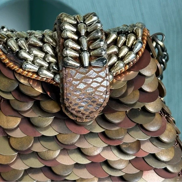 MARY FRANCES What A Hoot Owl Copper Metallic Mixed Metal Beaded Clutch Crossbody - Picture 13 of 14